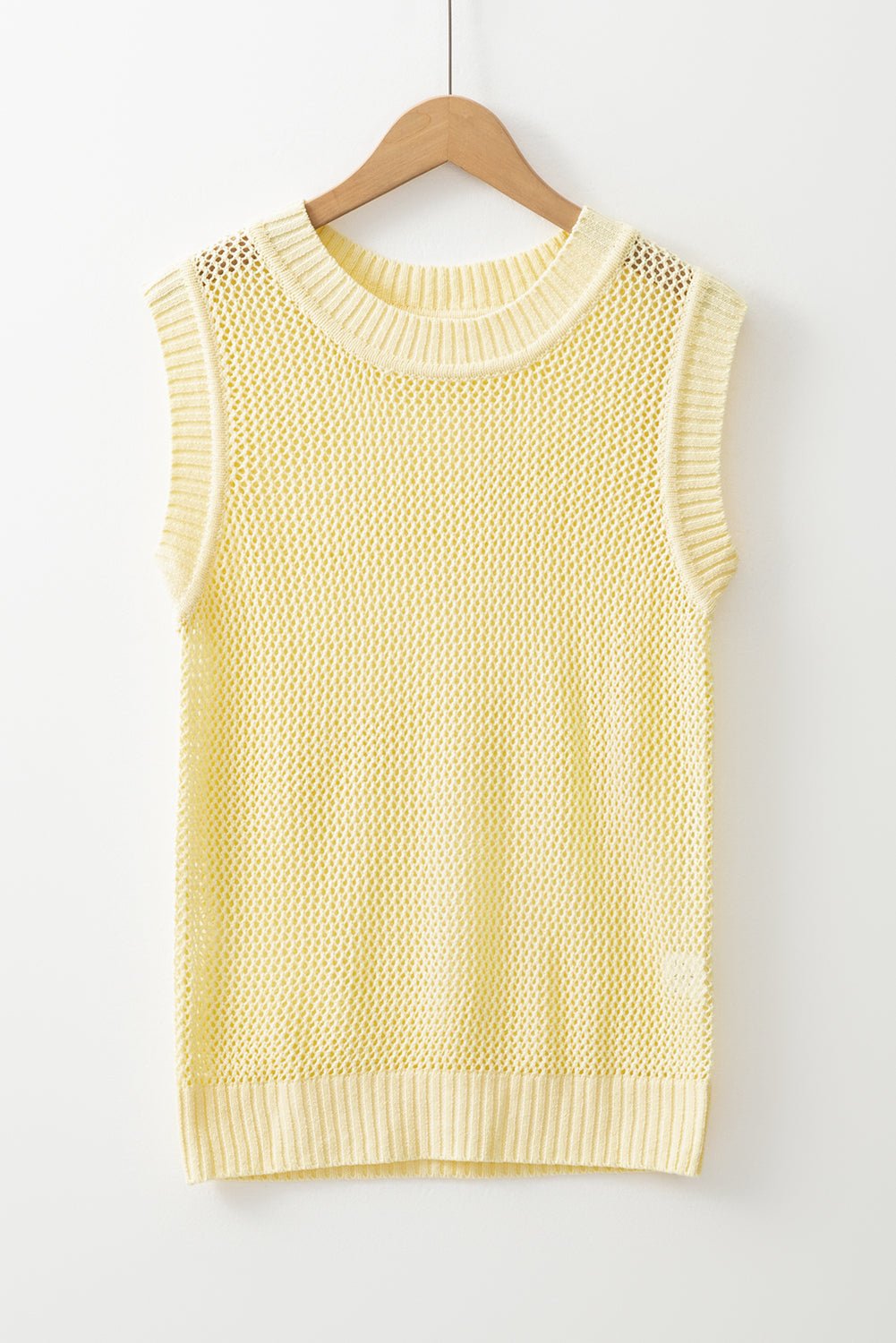 Yellow Solid Color Hollowed Knit Round Neck Sweater Vest - Chaelisa's New Jammies