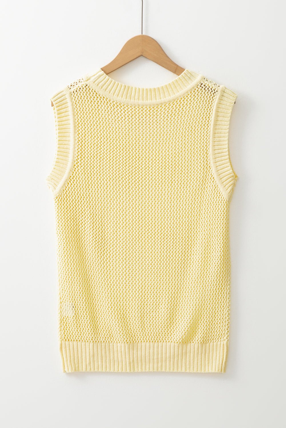 Yellow Solid Color Hollowed Knit Round Neck Sweater Vest - Chaelisa's New Jammies