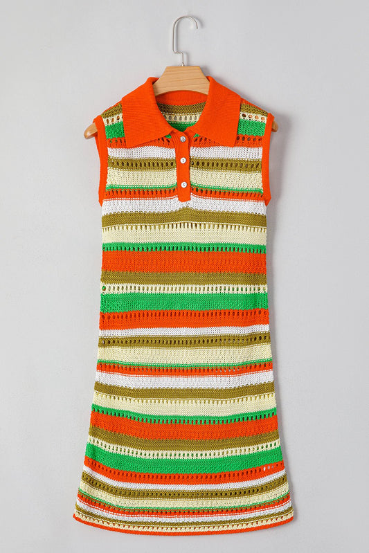 Yellow Stripe Eyelet Sleeveless Buttoned Split Neck Sweater Dress - Chaelisa's New Jammies