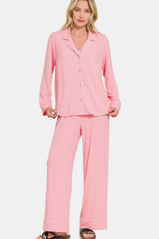 Zenana Button Down Long Sleeve Top and Pants Lounge Set - Chaelisa's New Jammies