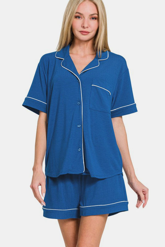 Zenana Button Down Short Sleeve Top and Shorts Lounge Set - Chaelisa's New Jammies