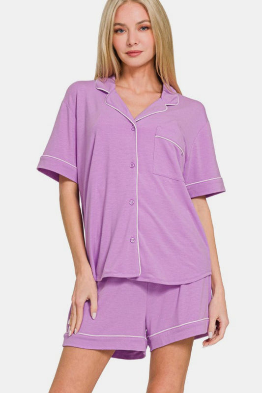 Zenana Button Down Short Sleeve Top and Shorts Lounge Set - Chaelisa's New Jammies